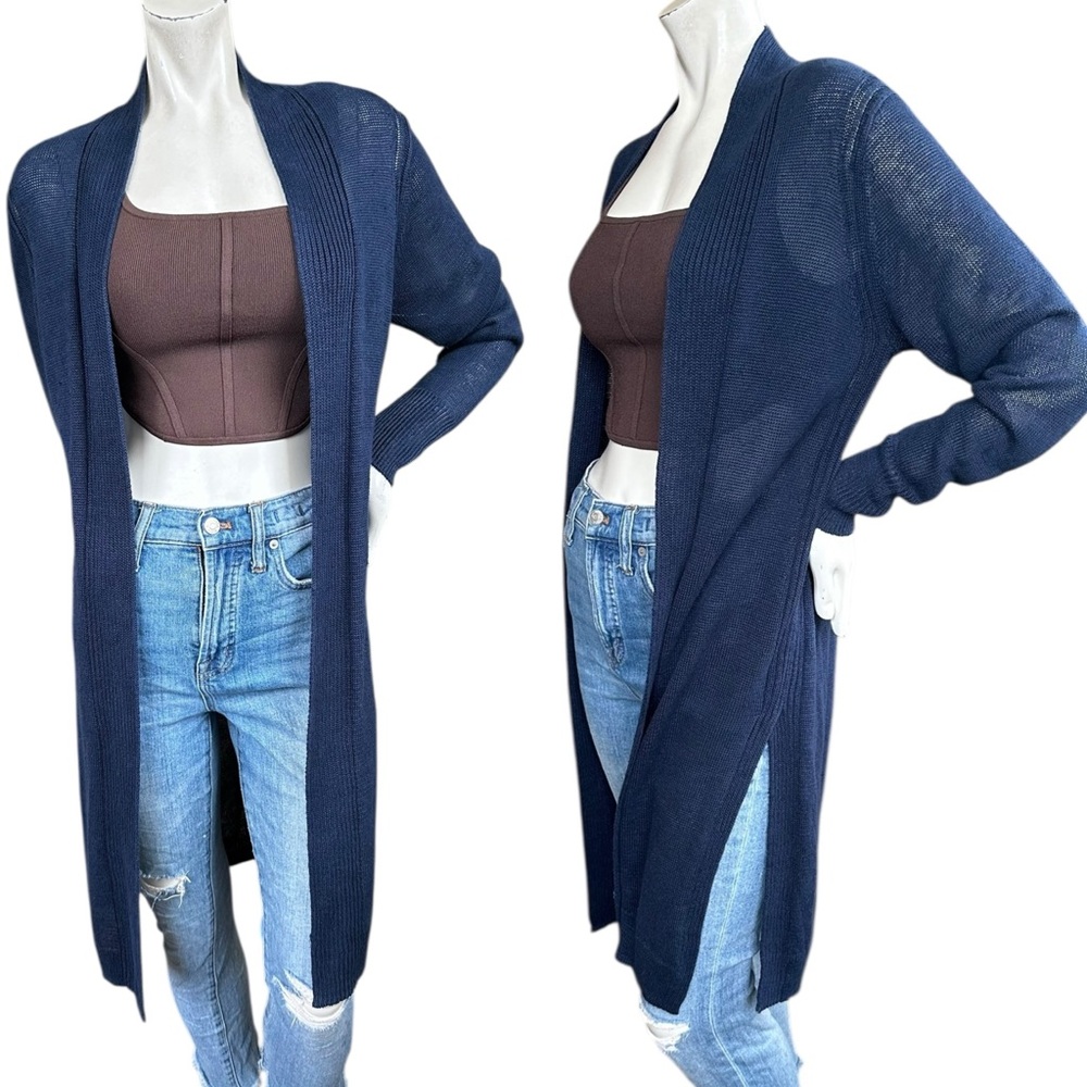 White + Warren 100% Hemp Navy Blue Longline Long Sleeve Cardigan Sweater Medium